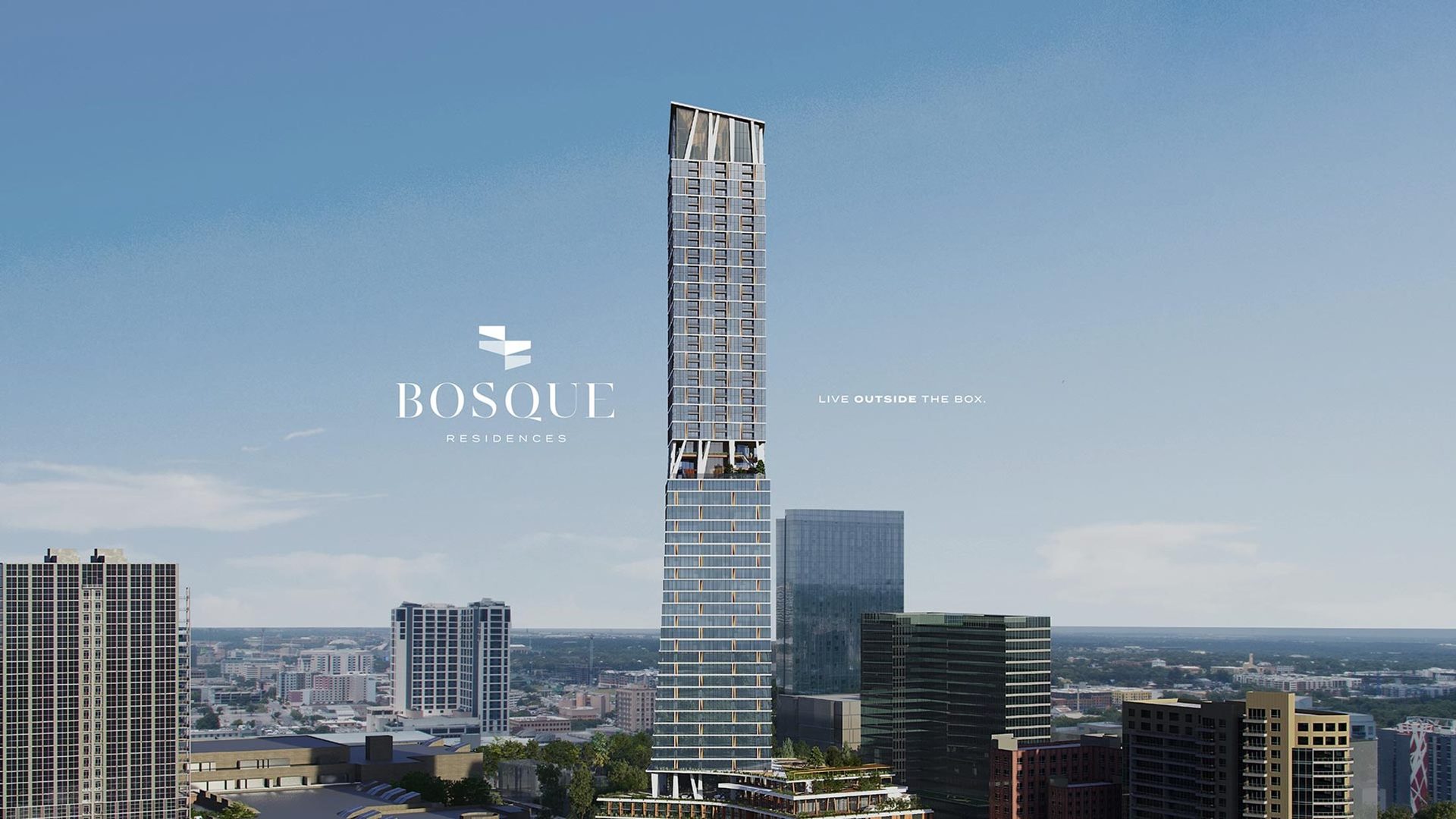 BOSQUE RESIDENCES on the Waterline tower above Austin