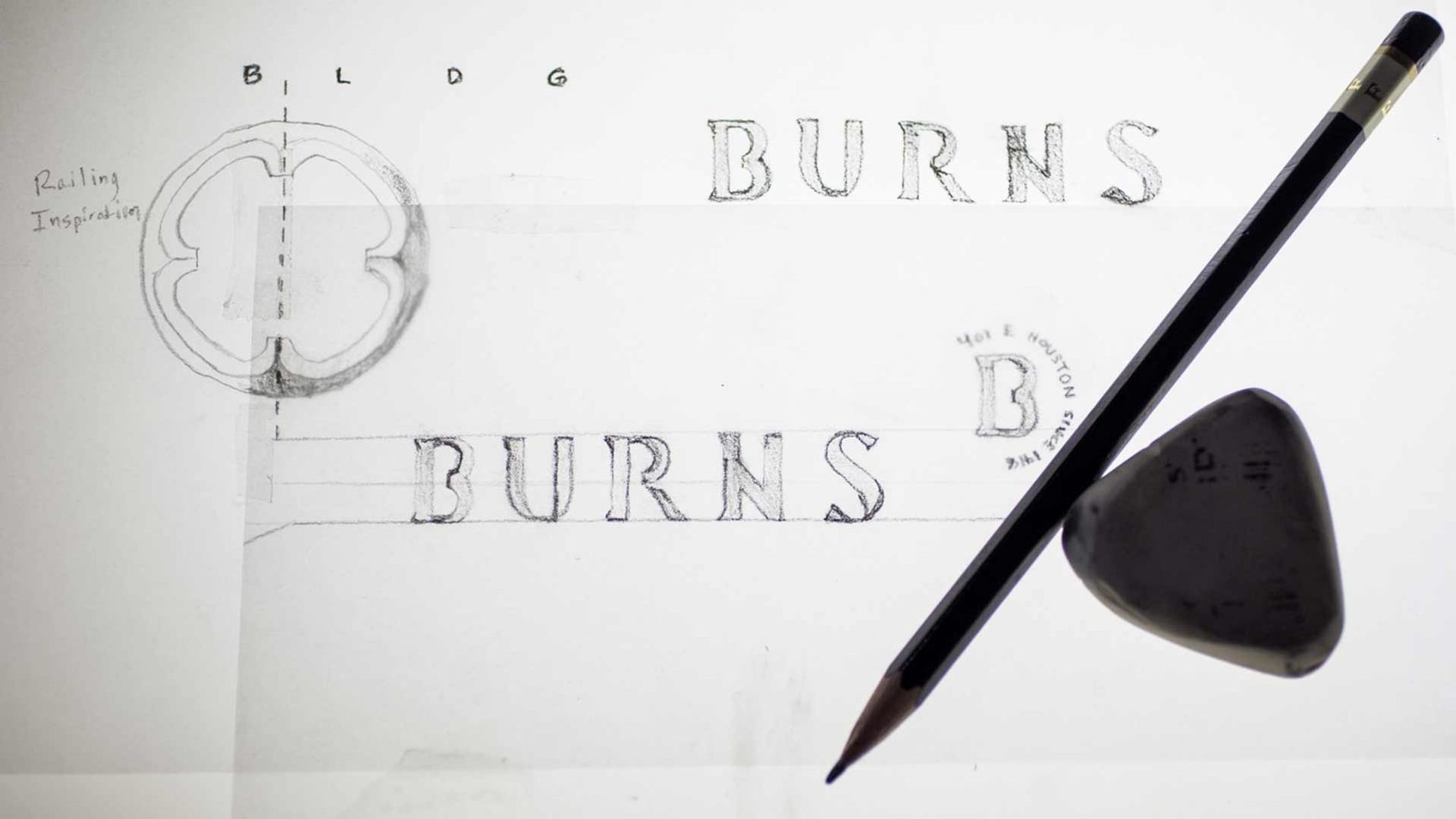 Pencil studies for the Burns letterforms and the B seal