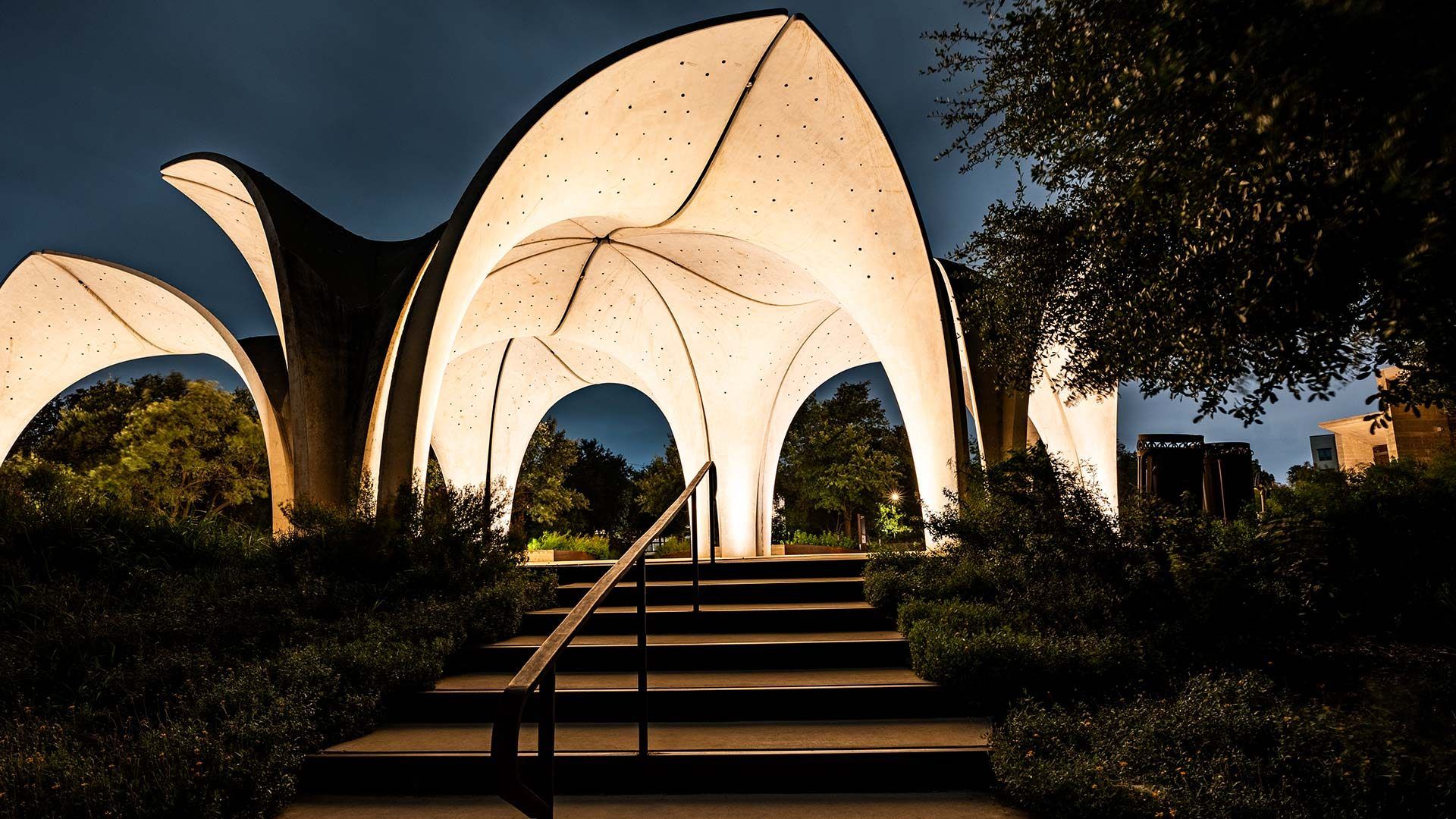 The Confluence Park pavilion lit at night, San Antonio